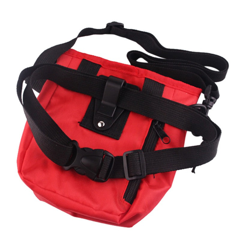 Rear view of red TrekPouch with its adjustable belt and attachment points