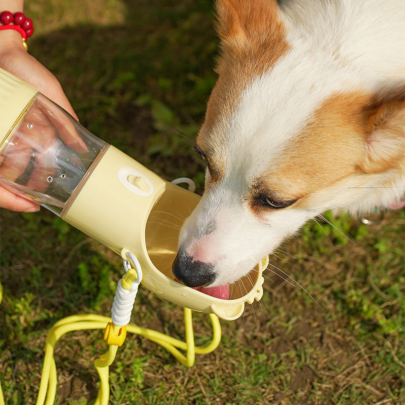 Dog drinking from a yellow TrailSip bottle outdoors on grass