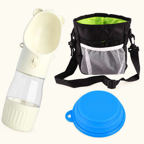 PupBound Adventure Essentials Bundle with white TrailSip bottle, black TrekPouch with green lining and blue PackBowl on a cream background