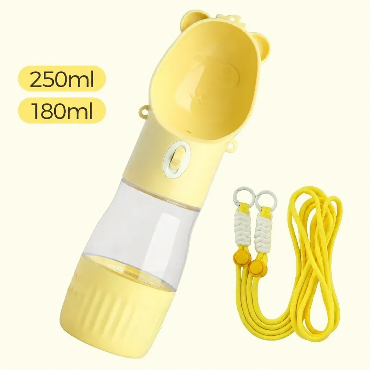 Yellow TrailSip two-compartment bottle with carrying straps and 250ml and 180ml capacity labels